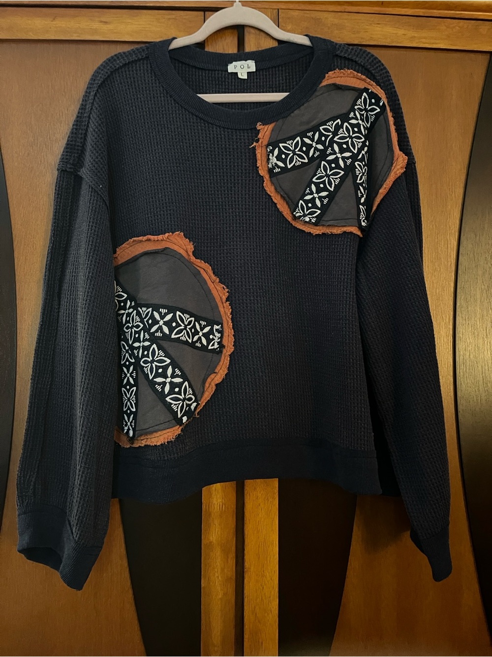 POL Black Waffle Knit Sweatshirt w/Orange & White Decorative Peace Sign Patches